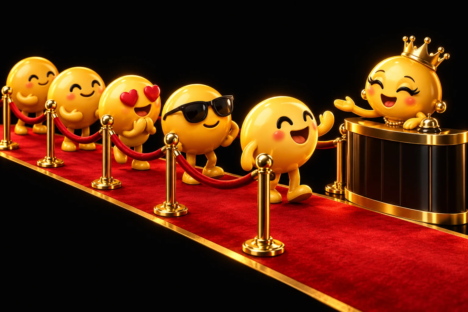 Emojis sonrientes hacen fila en una alfombra roja; una recepcionista con corona les da la bienvenida al club.